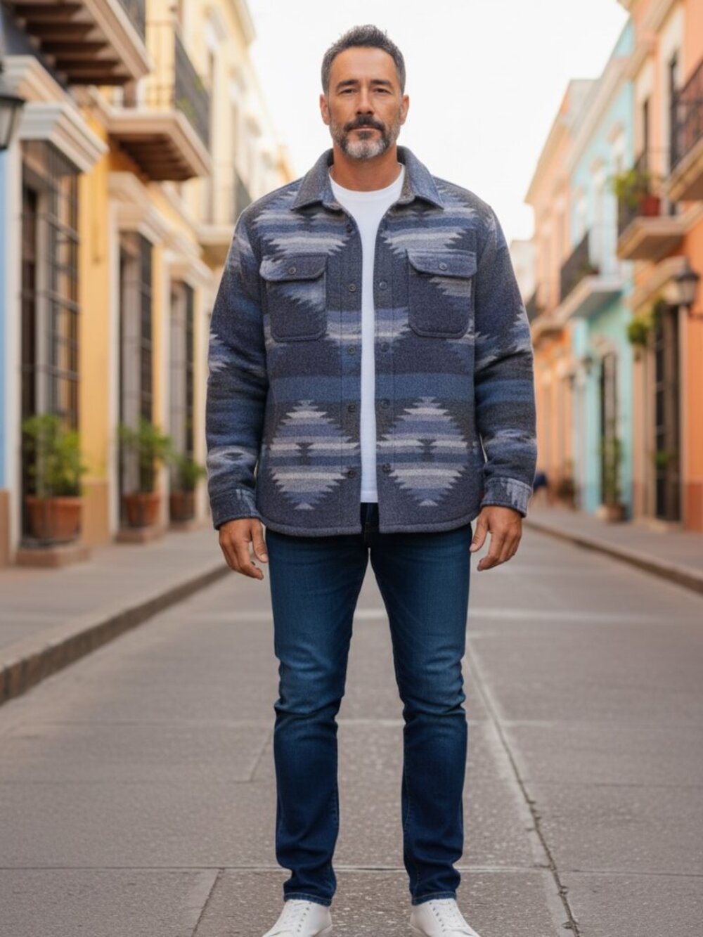 Jachs New York Men's Blue Aztec-Patterned Wool Blend Shirt Jacket, Size L